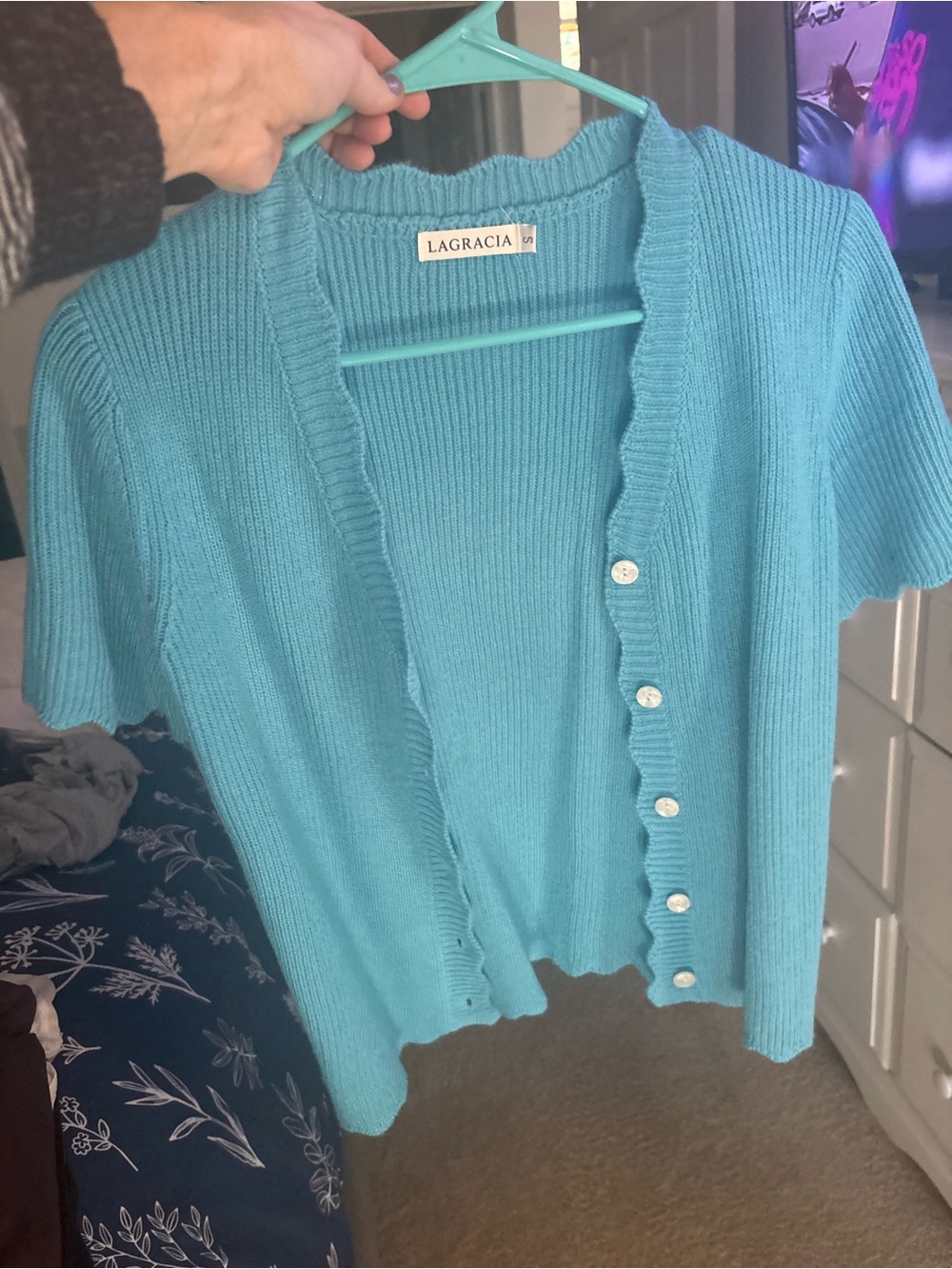 Gracia Turquoise Short-Sleeve Button Ribbed Cardigan